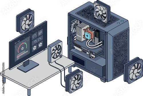 Computer system with exposed internal components and external fans on a desk viewed from the side