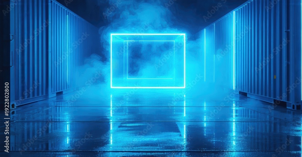 Fototapeta premium Neon cube glows within shipping containers. Smoke fills space, reflections shimmer on wet floor. Dramatic lighting creates futuristic scene.