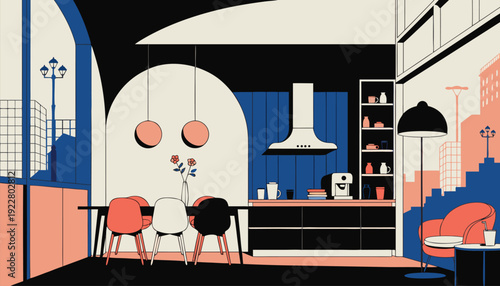 Modern kitchen interior with dining area and city view