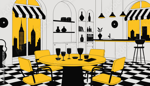 Modern dining room with yellow chairs and city view