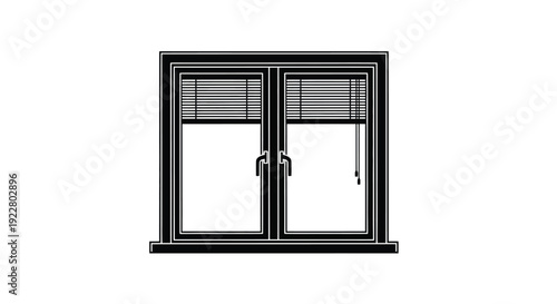 Black framed double window with closed blinds and central handles