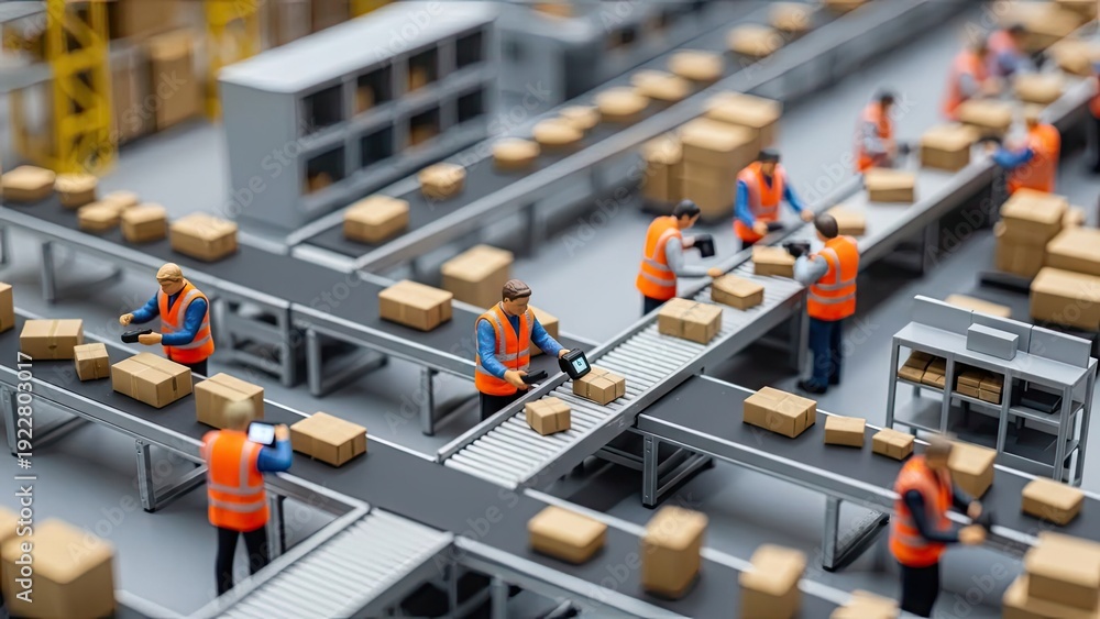 Obraz premium Miniature workers processing packages on conveyor belts in a warehouse setting
