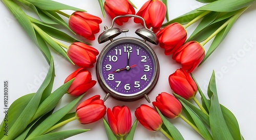 A purple pocket watch surrounded by red tulips and green leaves