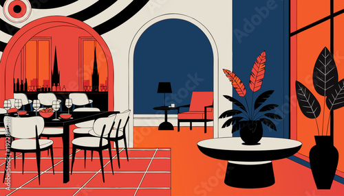 Modern dining room with stylish furniture and decorative plants