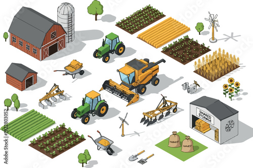 Farm equipment and machinery in action across the agricultural landscape during harvest season from an aerial viewpoint