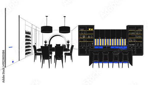 Modern dining area with stylish bar and kitchen
