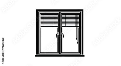 Black and white illustration of a closed window with blinds