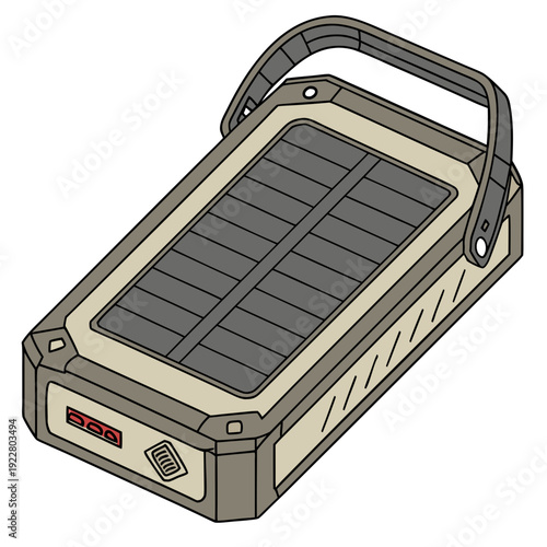 Detailed illustration of a durable solar power bank with a foldable handle and multiple ports for versatile charging needs.