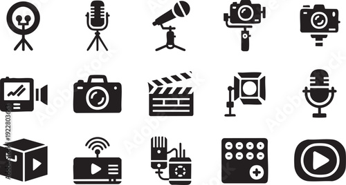 Professional Video Production and Vlogging Icon Set - Black Silhouette Symbols for Studio Lighting, Microphones, and Content Creation Gear