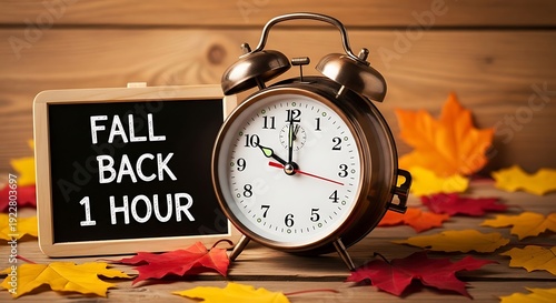 A vintage alarm clock surrounded by fall leaves and a sign indicating daylight saving time