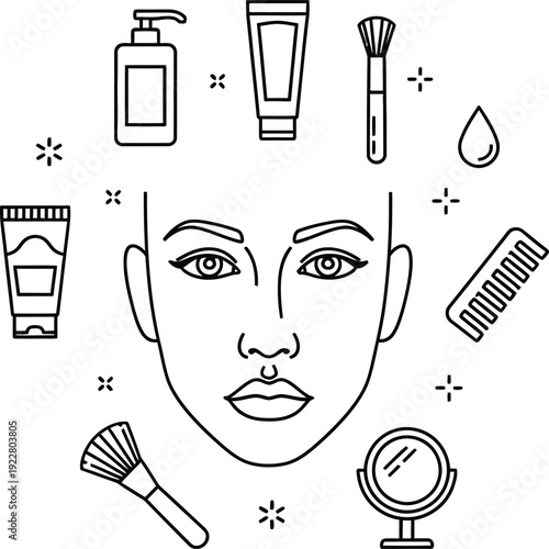 Face surrounded by various beauty and makeup products