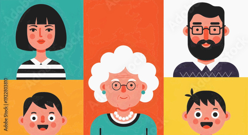 Flat design vector illustration of diverse family members: grandmother, parents, and children, in colorful squares.