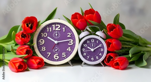 A close-up view of two clocks surrounded by red tulips on a white surface