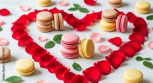 Delightful macarons arranged in a heart shape with red rose petals and green leaves