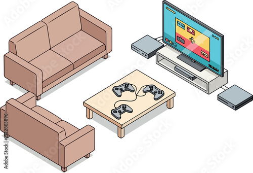 Living room setup with sofa, coffee table, television, and gaming controllers from an overhead viewpoint
