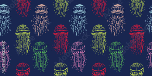 Colorful neon jellyfish seamless pattern featuring bright multicolor marine jellyfish floating underwater on dark navy blue background
