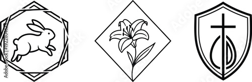 Simple black and white logos featuring animals and religious symbols for branding