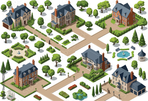 Aerial view of a luxurious neighborhood with houses, gardens, and swimming pools in a suburban environment