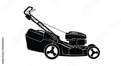 Black and white silhouette of a classic push lawn mower