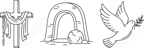 Easter resurrection symbols featuring cross, tomb, and dove with olive branch