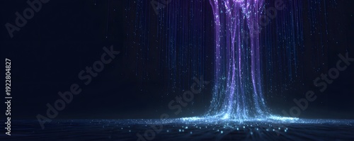 A floating neon waterfall flowing upward into space