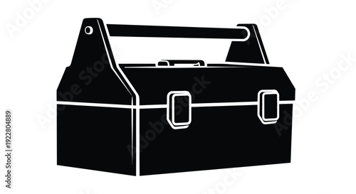 A black and white illustration of a classic toolbox with a handle