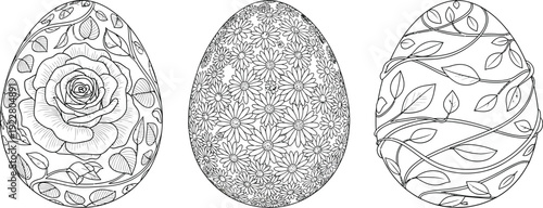 Beautifully decorated easter eggs with floral designs in line art style illustration