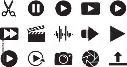 Video Editing and Media Player Icon Set - Professional Black Silhouette Symbols for Multimedia Production and Film Industry
