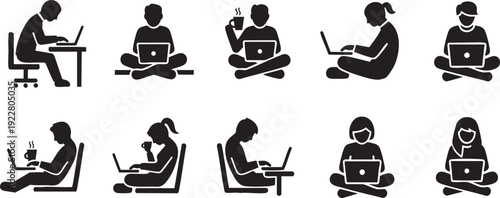 Remote Work and Freelance Silhouette Set - Men and Women Working on Laptops in Various Sitting and Coffee Break Poses