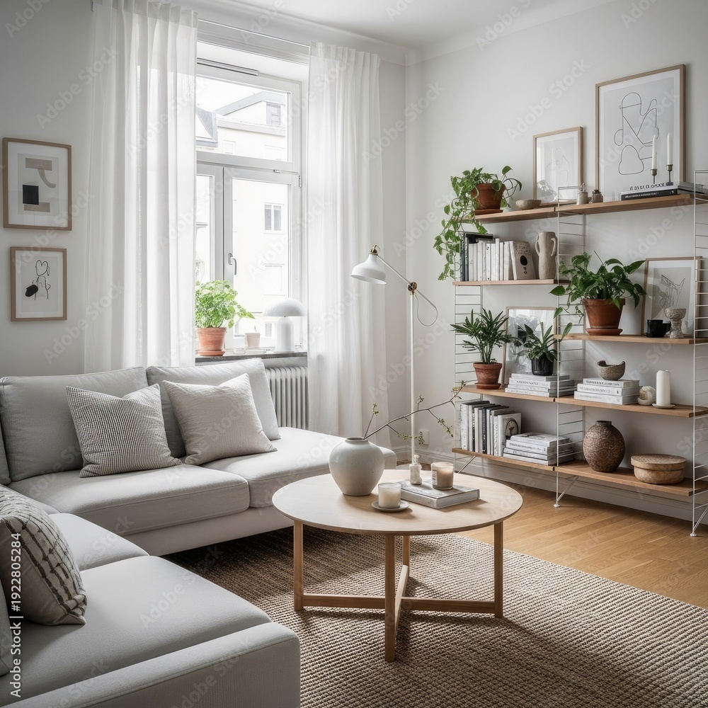 Fototapeta premium Modern living room interior with sofa bookshelves and natural lighting