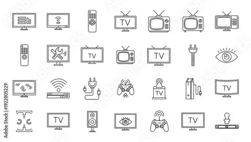 Line icons of various television and technology devices and accessories on white background