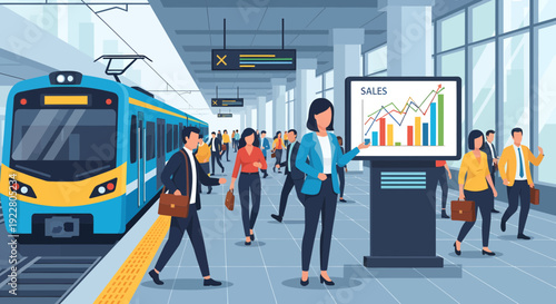 Businesswoman presenting sales data on a digital display in a busy train station.