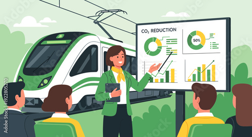 Businesswoman presenting CO2 reduction data to colleagues.