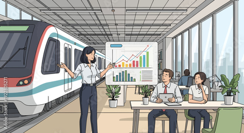 Businesswoman presenting data analysis to colleagues in a modern office.