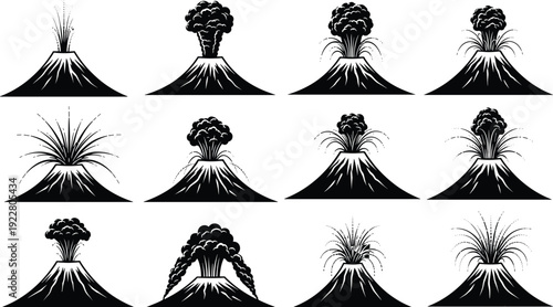 Volcanic eruption silhouettes vector collection with lava bursts ash clouds explosive craters and dramatic natural disaster scenes