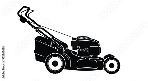 Black and white silhouette of a traditional push lawn mower