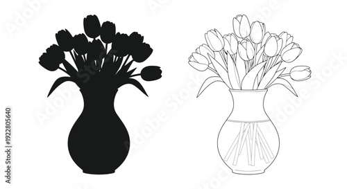 Two floral arrangements of tulips in vases one silhouette and one outline