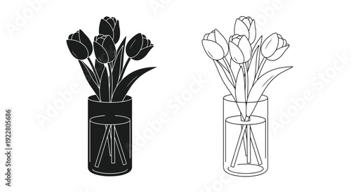 Black and white line art of tulips in vases two separate arrangements
