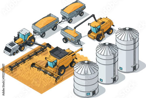 Farm machinery and equipment in action on a field with storage silos nearby viewed from above
