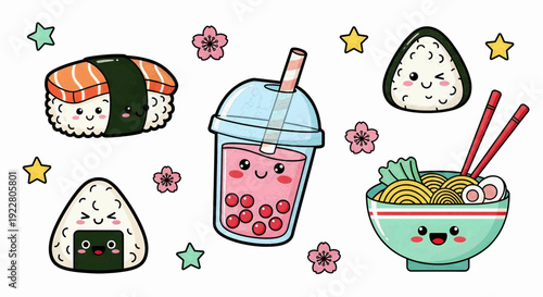 Cute cartoon kawaii collection of Japanese food including sushi, onigiri, and ramen, with a bubble tea drink and sakura flowers.