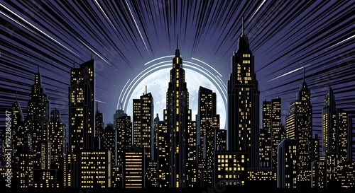 Dramatic comic book style illustration of a futuristic cityscape at night with a large full moon, radiating light beams behind silhouetted skyscrapers.