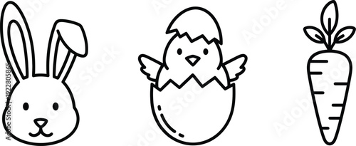 Simple line drawing of bunny chick and carrot for easter celebration