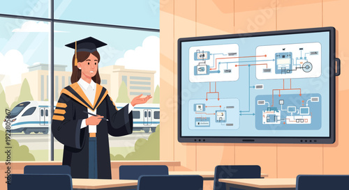 Female Graduate Presenting Academic Project on Interactive Screen.