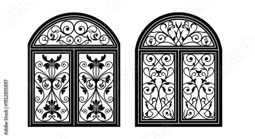 Two ornate arched windows with intricate decorative floral and swirl designs