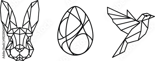 Geometric rabbit head, abstract egg, and origami bird in black