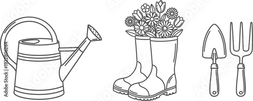 Gardening tools and accessories in a simple black and white illustration