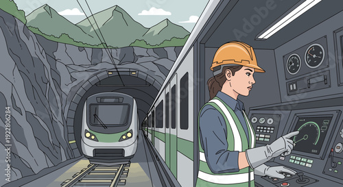 Female train operator in safety gear at control panel.