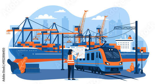 Logistics worker overseeing cargo ship and train operations.