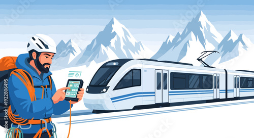 Male hiker using a tablet with GPS in a snowy mountain landscape.