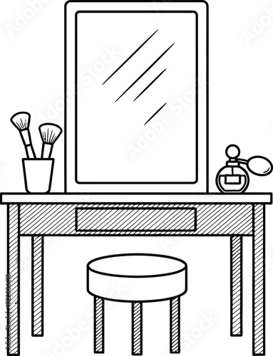 A black and white drawing of a vanity with a mirror and stool